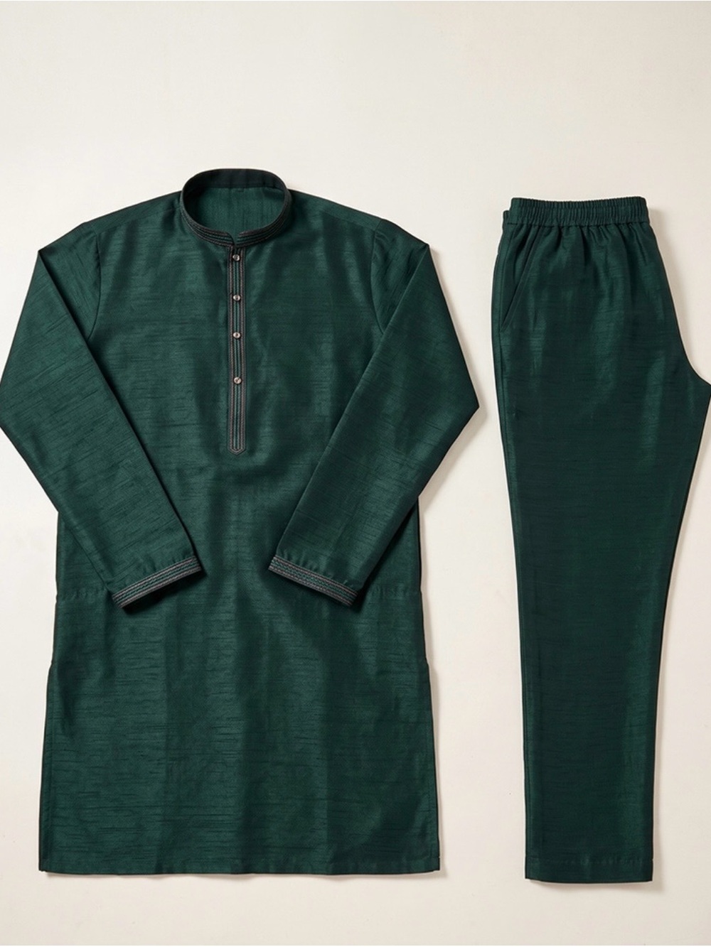 Men's Dark Green Kurta Set - Classic Long Sleeve Shirt & Trousers